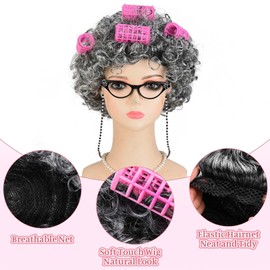 JcHrmers 6 Pieces Old Lady Wig Costume for Girls 100 Days of School Costume Grandma Wig with Glasses Chain Cane Pearl Necklace Bracelet for Granny Cosplay