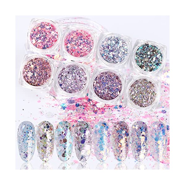 Iridescent Glitter Nail Art Sequins, 8 Colors Sparkly Nail Flakes Decoration, Holographic Mixed Size 3D Resin Acrylic Supplies for Women Girls Manicure Charms Nails, DIY Shiny Fingernail Accessories