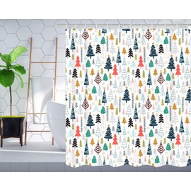 Christmas Shower Curtain Colorful Christmas Tree Xmas Holiday Decorations Waterproof Polyester Fabric Bathroom Curtain 72x72 inch with Hooks