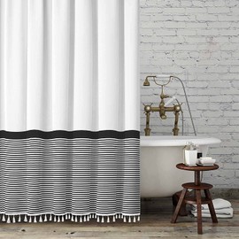Seasonwood 96 inch Extra Long Shower Curtain Black and White Shower Curtain with Tassel 72" W x 96" L Farmhouse Striped Shower Curtains for Bathroom Fabric Shower Curtains
