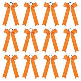 DEEKA 12 PCS Glitter Collegiate Style Cheer Bows Long Tail Skinny Shiny Cheer Bow Ponytail Holder Handmade Bows for Girls Teens Cheerleader Sports -Orange