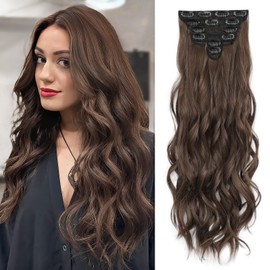 Clip in Hair Extensions for Women, Natural Chocolate Brown Extensions, 24 Inch 6PCS Hairpieces Long Wavy Soft Thick Hair Extensions Clip ins