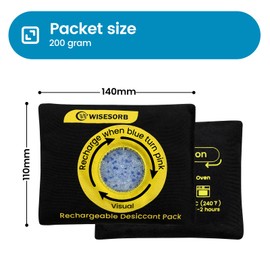 Wisesorb 200g Reusable Silica Gel Desiccant, Color Indicating Rechargeable Desiccant Packs for Storage, Moisture Absorbers for Storage, Gun Safes, Suitcases, 3D Filaments, Electronics, Car[3 Pack]