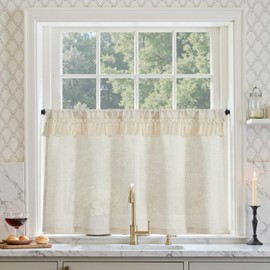 TOPICK Linen Blend Kitchen Curtain with Tassels 36 Inch Drop Boho Tier Curtain Beige Farmhouse Cafe Light Filtering Small Window Drape for Bathroom Laundry Room RV Rod Pocket Back Tab 1 Panel Crude