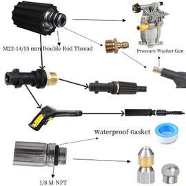 Pressure Washer Pipe Cleaning Hose Jetter Nozzles Kit K2-K7 1/8”NPT Sewer Drain Adapter, Nozzles Rigid + Rotating Quick Connect+Waterproof Tape+M22-14/15mm Double Rod Thread Brass Replacement