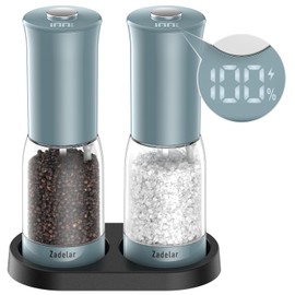 Salt and Pepper Grinder Set with LED Power Display,Larger Capacity Salt and Pepper Shakers Set Electric Rechargeable with Flexible Coarsenes,LED Light,One Hand Operation for Kitchen(Blue)