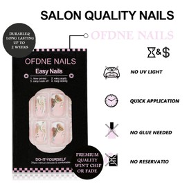 Press on Nails Medium Square OFDNE White French Tip Fake Nails Pink False Nails with Designs Butterfly Flower Full Cover Glossy Glue on Nails Acrylic Nails Stick on Nails for Women Girls 24 Pcs