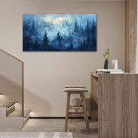 Large Canvas Wall Art Decor for Living Room Bedroom Misty Forest Pictures Blue Foggy Forest Nature Landscape Painting Prints Modern Framed Artwork Decoration Home Office 60"x30"