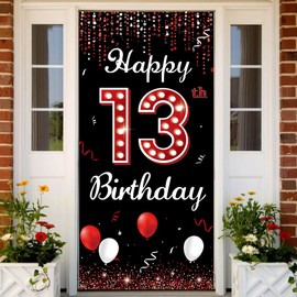 13th Birthday Door Banner Backdrop, Happy 13th Birthday Decorations for Girls, Red Black 13 Year Old Birthday Party Photo Props, Thirteen Birthday Yard Sign for Outdoor Indoor, Sturdy Fabric Vicycaty