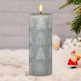 Lasumora Embossed Christmas Tree Candle Flameless Candle with 6h Timer, Flat Top 3D Flame LED Pillar Candle, Unscented Real Wax LED Battery Operated Candle Light for Home Décor Gifts (3" x 9")