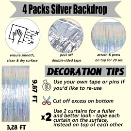 4 Pack Silver Fringe Curtain Backdrop, 3.2Ft x 8.2Ft Sparkle Metallic Tinsel Foil Fringe Streamers Background for Photo Booth Birthday Wedding Baby Shower Party Thanksgiving Christmas Decorations