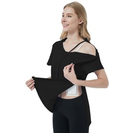 Women's Post Shoulder Surgery Shirts Clothes After Rotator Cuff Surgery Chemo Port Access T Shirt with Snaps(Black,M)