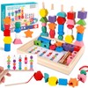 POWZOO 3-in-1 Toy Made of Wooden Lacing Beads, Threading Game,
