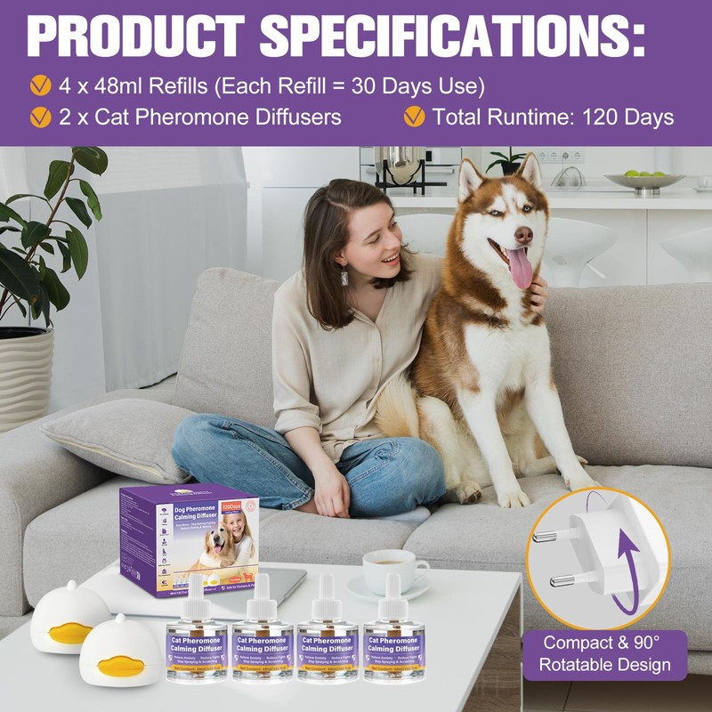 Flyjobs Dog Pheromone Calming Diffuser for Dogs, 4×48ml Refills &