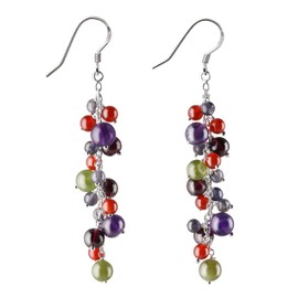Franki Baker Pretty Colourful Amethyst, Iolite, Carnelian, Garnet & Peridot Long Dangle Drop Sterling Silver Earrings. Length: 7cm