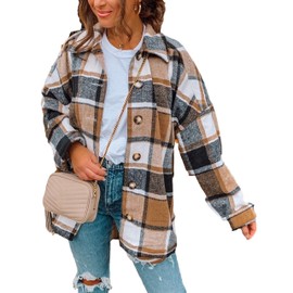 Yeokou Women's Fall Color Block Plaid Flannel Shacket Jacket Button Down Shirt Coat Tops（Khaki-M）