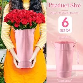 Layhit 6 Pack 12 Inch Vintage Galvanized Flower Buckets Metal Flower Vases with Handle Farmhouse French Planter Floral Container for Flowers Home Table Centerpiece Wedding Decor(Pink)