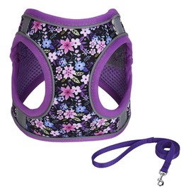 JUFOO M Purple Flower Pattern Dog Harness and Leash Set,No Escape Easy Walk Puppy Harnesses for Training Walking，Breathable Adjustable Puppy Vest for Small Medium Dogs, Cats (Purple, M)