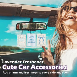 Dimurela Blue Christian Girls Car Air Freshener Accessories 3pcs, Preppy Coquette Bow Hanging Air Fresheners Decor for Girly Room Closet Bathroom, Scripture Car Scent Lavender Fragrance Card for Women