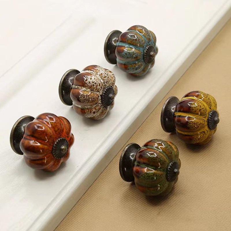 Wannianmu 5 Pack Vintage Ceramic Pumpkin Cabinet Knobs, Kitchen Cabinet