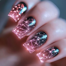 MIXFOSAHN Press on Nails Medium Sqaure Fake Nails Starlit Sky Pink False Nails with Shining Stars Designs Full Cover Stick on Nails Fake Nail Glue on Nails Acrylic Nails for Women Girls 24 Pcs