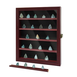 ASmileIndeep Arrowhead Display Case Holder, Lockable Native American Arrow Head Display Frame Box Cabinet Rack with HD Tempered Glass and Removable Shelves for Arrowheads Stone Collection, Red