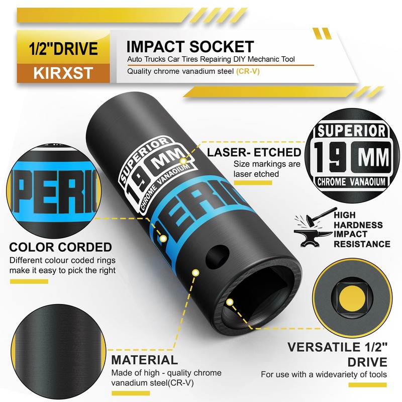 KIRXST 1/2" Drive 19mm Deep Impact Socket, 6 Point CR-V