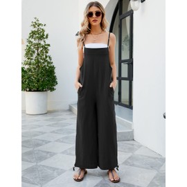 Flygo Women's Fashion Cotton Linen Overalls Loose Fit Sleeveless Straps Wide Leg Baggy Jumpsuit Rompers(Black-L)