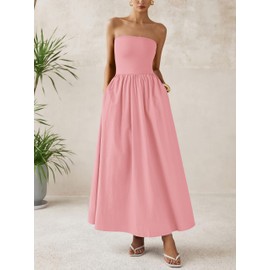 PRETTYGARDEN Women 2025 Summer Elegant Strapless Maxi Dress Tube Top Dress A Line Flowy Long Wedding Party Cocktail Dresses(Pink,Medium)