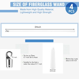 Bokon 4 Pcs Blinds Wand Replacement with Hook and Handle White Fiberglass Long Vertica Blind Wand for Windows Curtain Door Shades Opener Accessory (24 Inch)