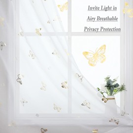 Jubilantex Butterfly White Sheer Curtain Panels for Kids Nursery Girl, Gold Print Toddler Linen Textured Voile Rustic Rod Pocket Drapes 63 Inch for Farmhouse, Living Room, Bedroom, 2 Panels