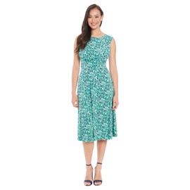 London Times Women's Sleeveless Inset Waist Midi Fit and Flare Dress, Spectra Green/Soft White