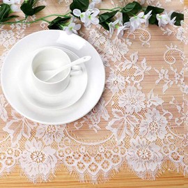 B-COOL Vintage White Lace Table Runner Overlay Exquisite Lace Fabric with Rose Embroidered Floral Table Runners Perfect for Rustic Chic Wedding Reception Table Decor Boho Party Decor 14 X 120