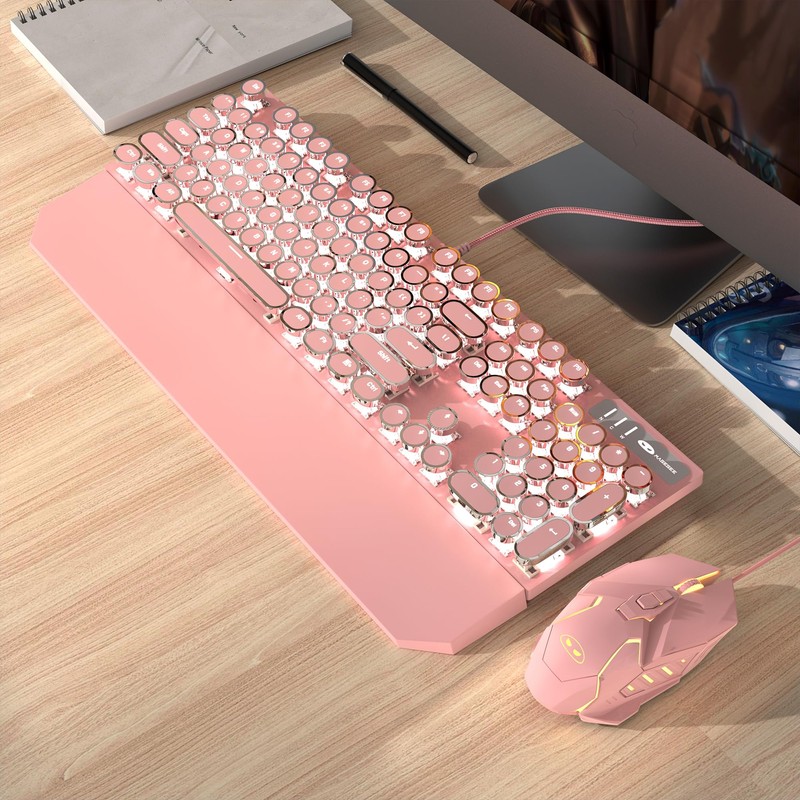 Typewriter Mechanical Gaming Keyboard and Mouse Combo, Retro Punk Round
