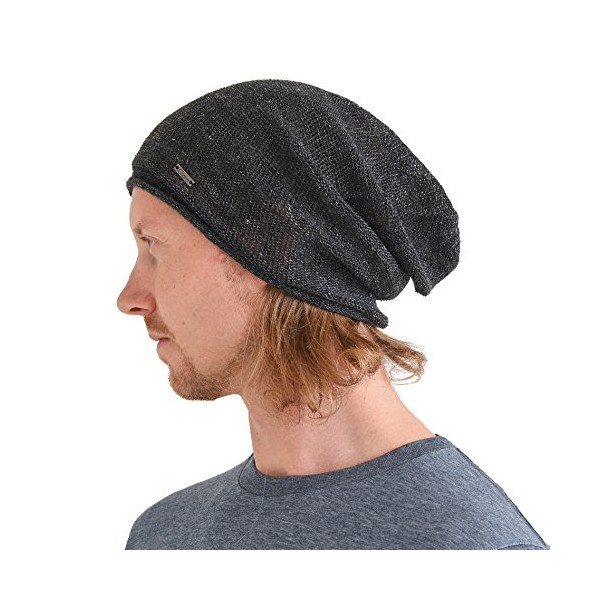 CHARM Linen Beanie Hat for Summer - Mens Slouchy Beanie Womens Baggy Knit Cap Cooling Hat Black