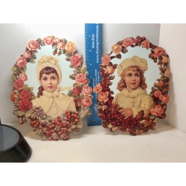 2 Victorian Die Cut Young Girls Greeting Cards 7 1/2" Tall - Old Print Factory
