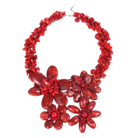 AeraVida Bold Large Synthetic Coral Flower Garland 925 Silver Red Necklace