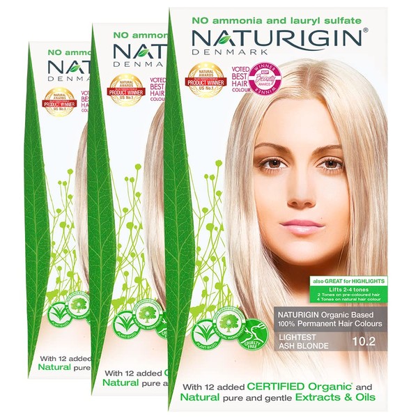 Naturigin Lightest Blonde Ash Hair Dye, 10.2-Pack of 3, Permanent Hair Colour, 100% Grey Coverage, Certified Organic Ingredients, Deeply Nourishes the Hair, Ammonia Free, Vegan, Long Lasting Results