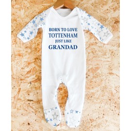 "Spurs Grandad Baby Sleepsuit - 'Born To Love Spurs Just Like Grandad- Soft 100% Combed Cotton Football-Themed Baby Sleepsuit for Football Fans" (UK, Age, 3 Months, 6 Months, White/Blue Stars)