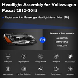 Misakomo Headlights Assembly - Chrome Housing Headlamps Compatible with Volkswagen VW Passat 2012-2015 - Replacement for 561941006D, 3411131RAS2, and VW2503148 - Passenger Side RH