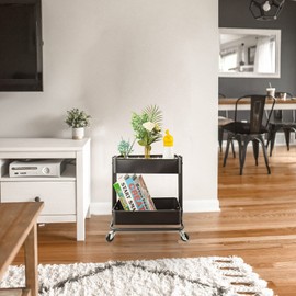 2-Tier Utility Rolling Cart Storage Organizer Sofa Side Table with Wheels, Under Desk Mobile Trolley Organizer with Handle and 2 Hanging Baskets for Office Home Kitchen Organization, Transparent