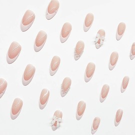 Short Press on Nails Almond MABKJLF French Tip Fake Nails Nude Full Cover Pearl Bow Charm False Nails with Designs Glossy Glue on Nails Petite Cute Acrylic Nails Artificial Nails for Women Girls 24Pcs