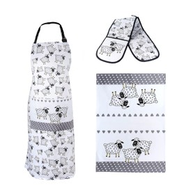 SPOTTED DOG GIFT COMPANY Tea Towel, Apron and Oven Gloves Set of 3, 100% Cotton Quality Black and White Farm Animal Sheep Themed Cooking Baking Gifts for Sheep Lovers Women Men