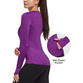 BALEAF Women's Thermal Tops Long Sleeve Workout Shirts Running Compression Zipper Pocket Fleece Cold Weather Gear Winter Thumbholes Purple M