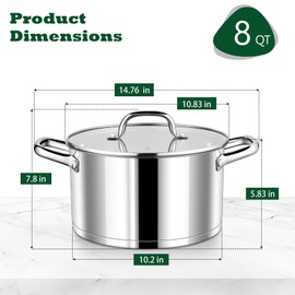 P&P CHEF 8 Quarts Cooking Stock Pot with Lid, Stainless Steel Stockpot Induction Pot for Soup, Tri-Ply Bottom & Clear Glass Lid & Double Handle, Dishwasher Safe