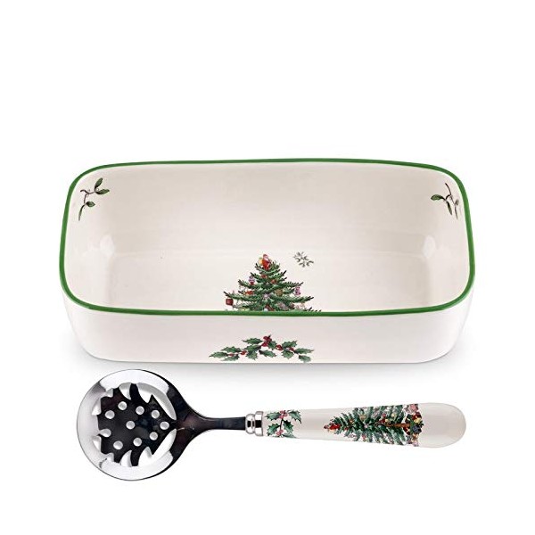 Spode Christmas Tree Design- Cranberry Bowl with Slotted Spoon- White Porcelain