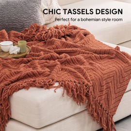 RECYCO Knit Chenille Throw Blanket, Textured Knitted Throw Blankets w/Tassels, Decorative Warm Soft Woven Throw for Couch Bed Chair, Rust, 60x80 in