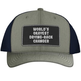 World's Okayest Drying-Rack Changer - Leather Black Patch Engraved Trucker Hat, Heather-Navy, One Size