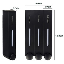 4 Pcs Shampoo Conditioner Dispenser, 3 Chamber 3x420ml Shower Soap Dispenser Shower Gel Container Shower Pump Dispenser and Organizer for Bathroom Kitchen Hotel, Non-drilled Wall Distributor (Black)