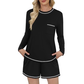 DouBCQ Women's Pajama Sets 2 Piece Long Sleeve Top and Shorts Crewneck Lounge Wear Soft Pjs with Pockets Black XL